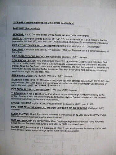 JPG 1976 MGB Gasifier PART LIST